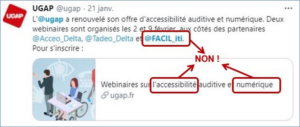 Tweet de l’UGAP présentant à tort la surcouche logicielle FACIL’iti comme une solution d’accessibilité.
