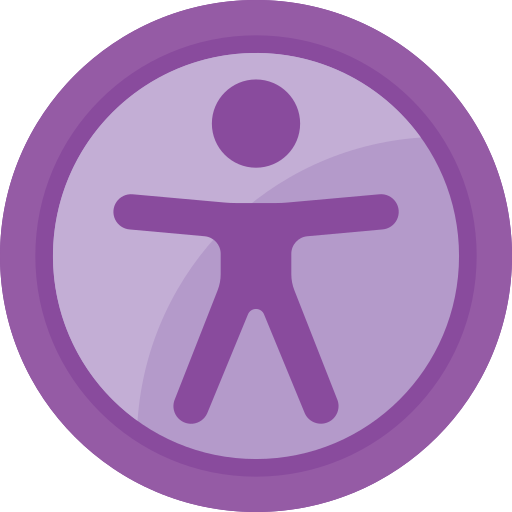 Symbole accessibilité numérique. Une personne jambes et bras écartés dans un cercle violet.