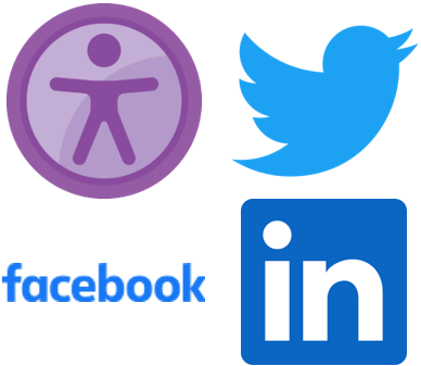 Image composée du pictogramme représentant l’accessibilité numérique et des logos de Twitter, Facebook et LinkedIn