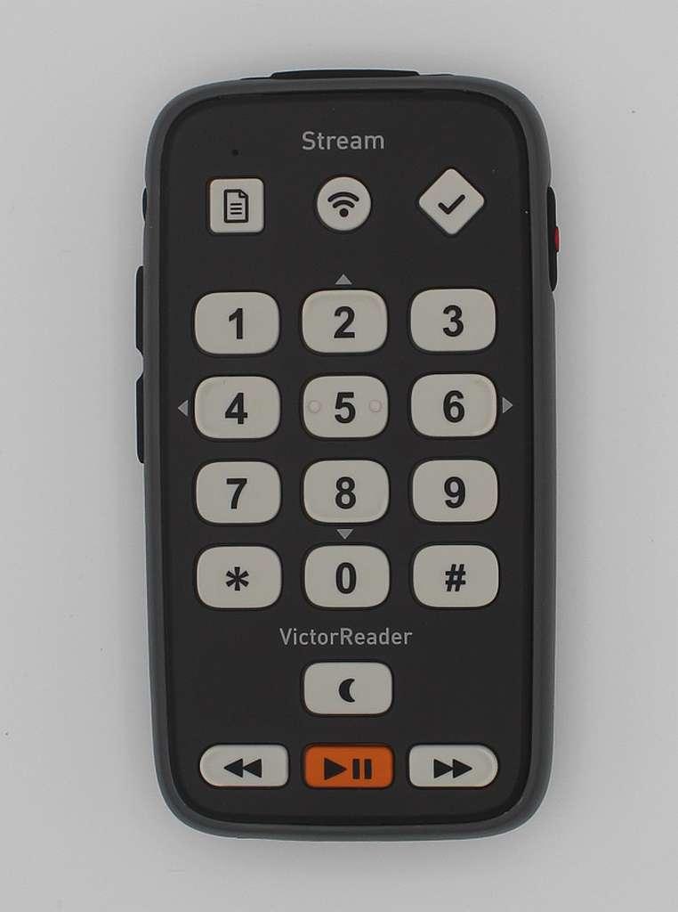 VRStream 3 Vue de face avec le pavé numérique, les 3 touches au-dessus et les 4 touches en dessous; les touches sont blanches sur un  boîtier noir