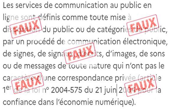 Extrait du RGAA avec citation erronée de l’article premier de la loi n° 2004-575 du 21 juin 2004 pour la confiance dans l’économie numérique. L’extrait est recouvert du tampon « FAUX »