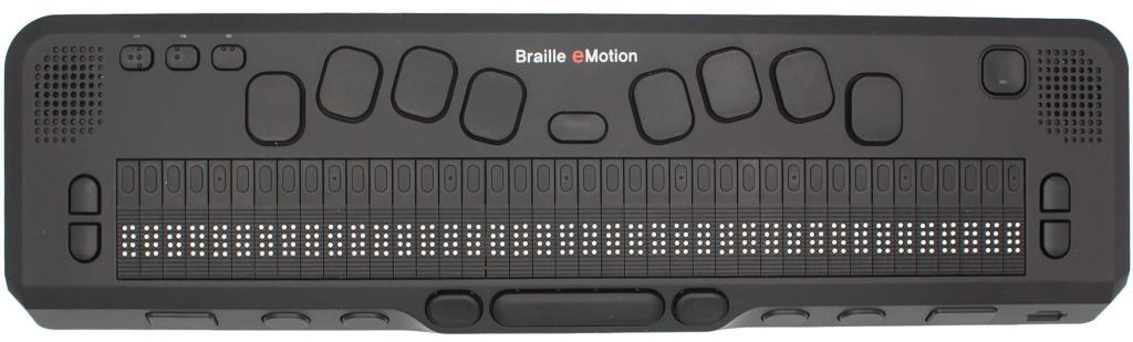 Braille Emotion vue du dessus avec le clavier braille de 8 touches et la touche espace placée sous les 40 cellules braille